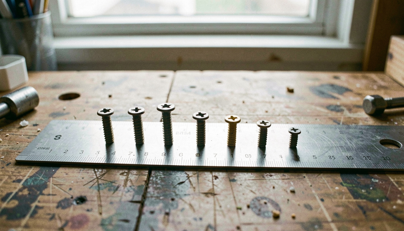 Eight wood screws of increasing size laid in a row across a steel rule on a workbench, their heads aligned, cool daylight from a window, close view from above.
