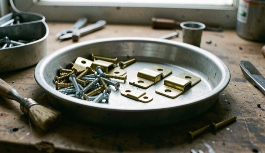 A shallow metal tray of sorted screws, brass hinges and a pair of catches on a workbench, a small brush beside it, cool daylight from above, close view.
