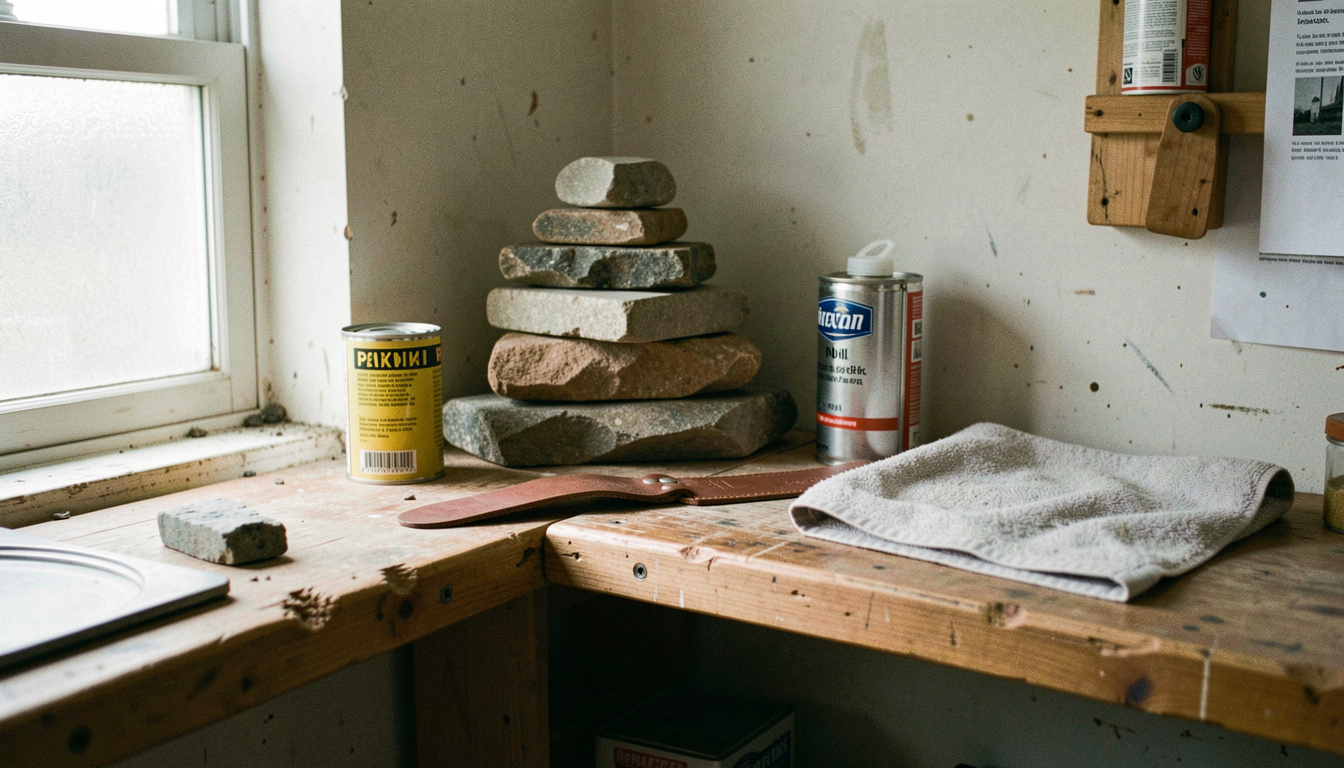 The sharpening corner of a workshop with stones stacked on a shelf, a can of oil, a leather strop and a folded towel, window light from the left, wide view.