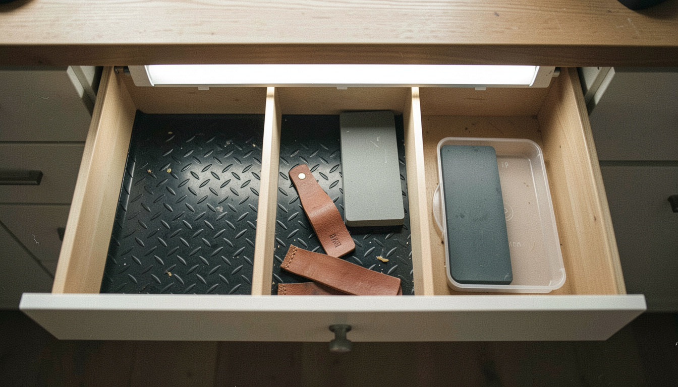 A shallow bench drawer holding a black diamond plate, one grey water stone, a leather strop and a small plastic tray, each lying in its own compartment, striplight from above, view from directly overhead.
