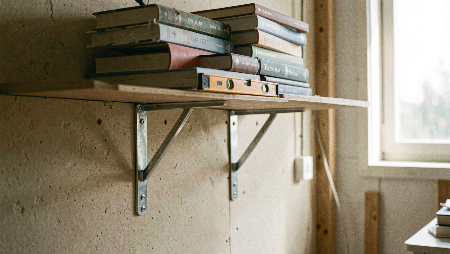 A steel shelf bracket screwed to a plasterboard wall with a stack of books loaded onto the shelf above it, a spirit level lying on the shelf, afternoon window light, three quarter view.