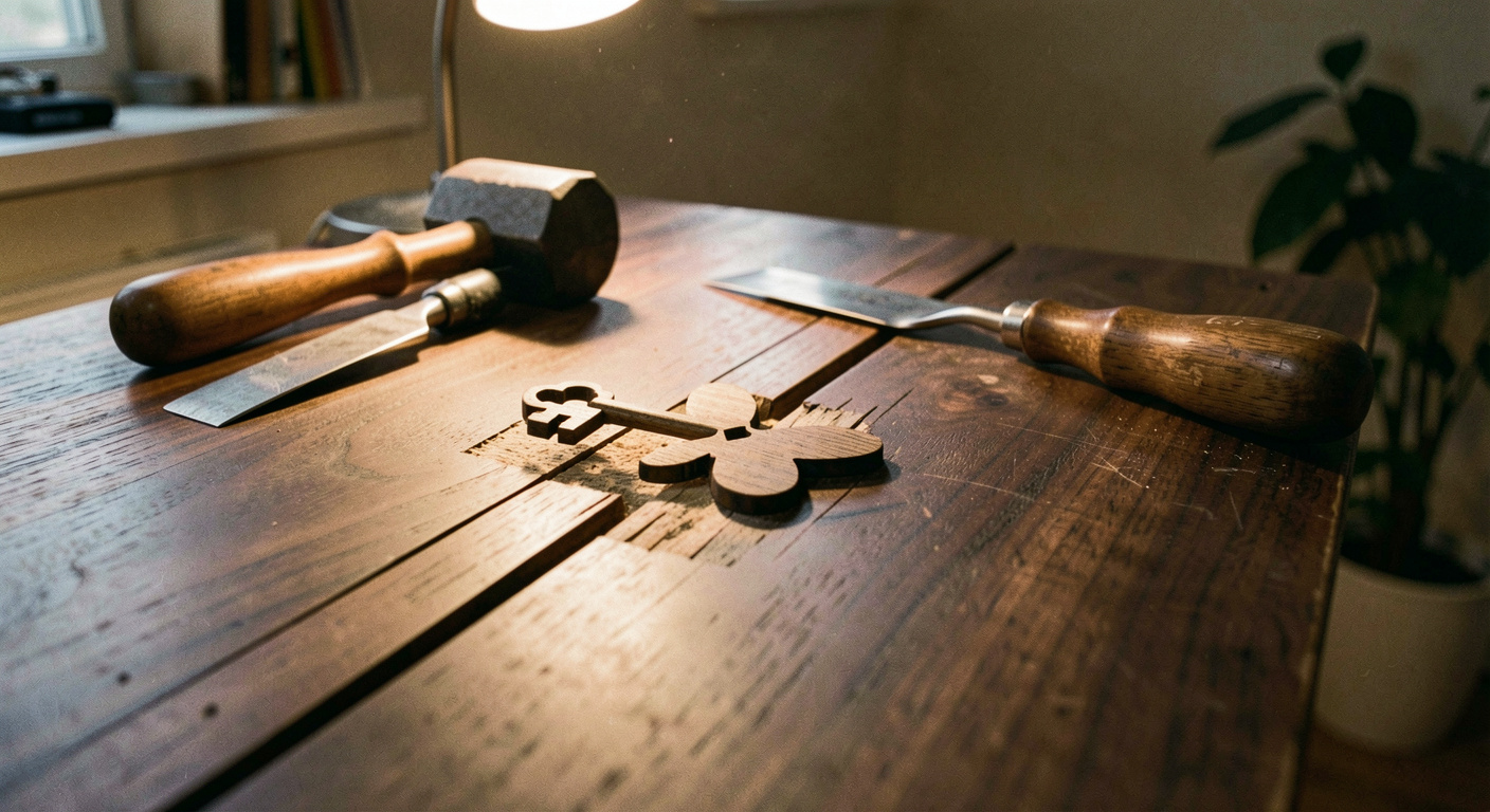 A dark walnut table top with a long split across the grain and a small wooden butterfly key set into it, a chisel and mallet beside the repair, warm lamp light, close view.