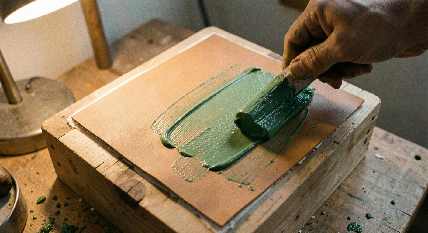 A rectangle of tan leather glued to a wooden block with a bar of green polishing compound being rubbed across its surface, streaks of green building up, warm bench lamp light, close view from above.