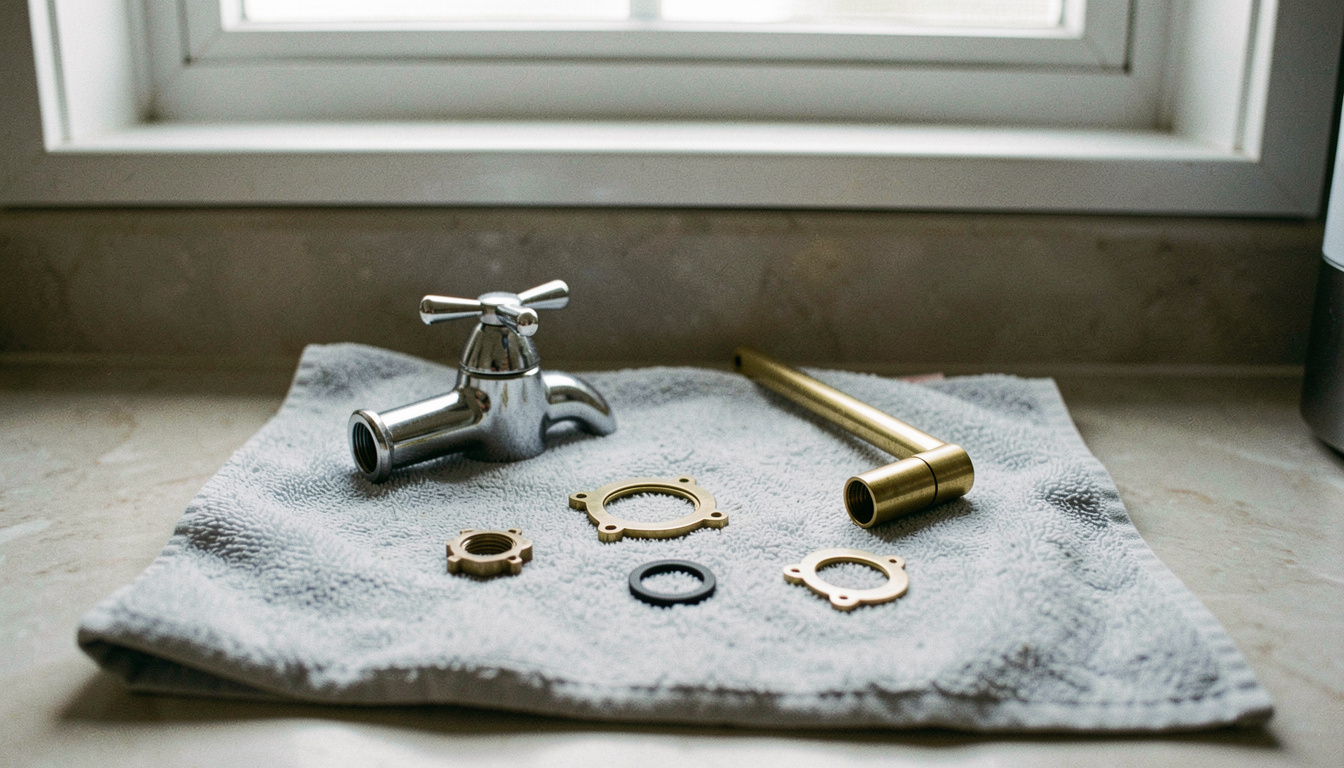 A dismantled chrome kitchen tap on a folded towel beside the sink, the brass headgear and a small rubber washer laid out in a row, cool daylight from the window above, close view.