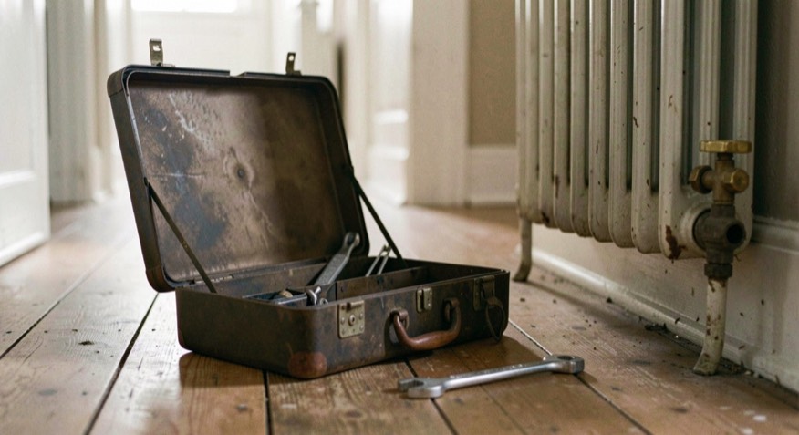 An open household toolbox on the floor of a hallway beside a radiator with its valve exposed, an adjustable spanner on the floorboards, afternoon light, low view.