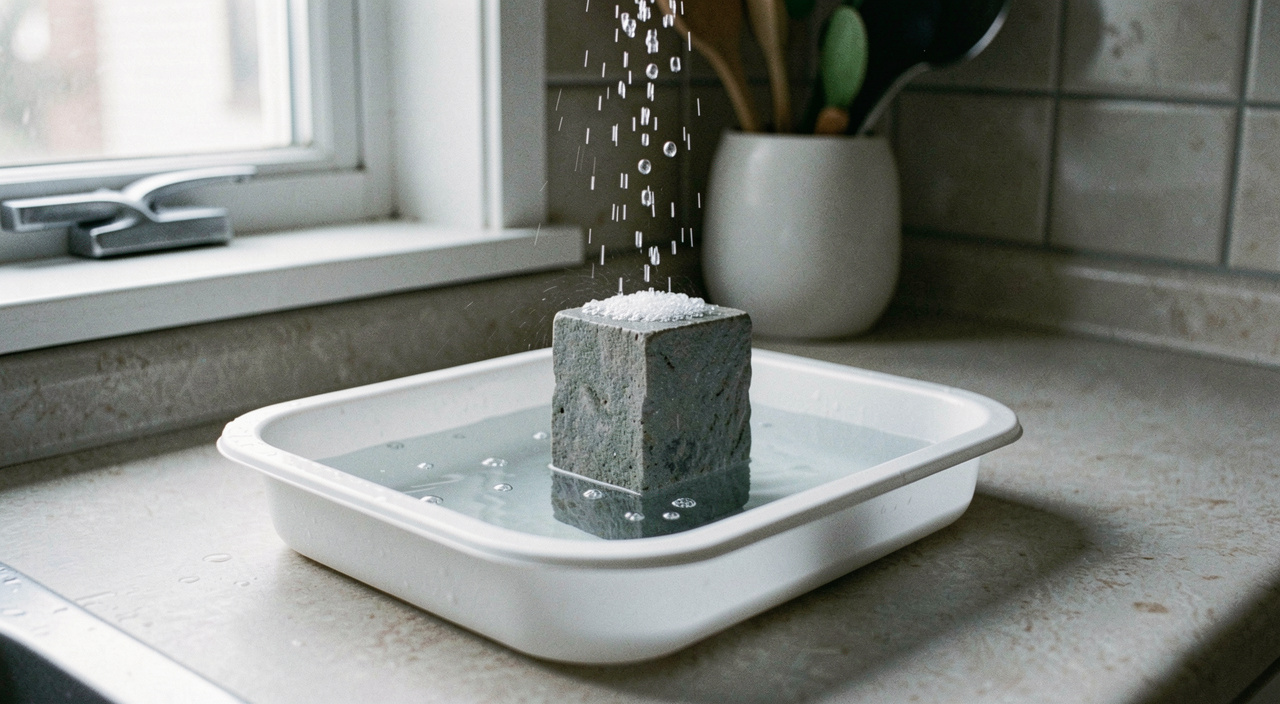 A grey water stone standing in a shallow plastic tray of water with a stream of small bubbles rising from it, on a kitchen draining board, cool daylight from a window, close view.