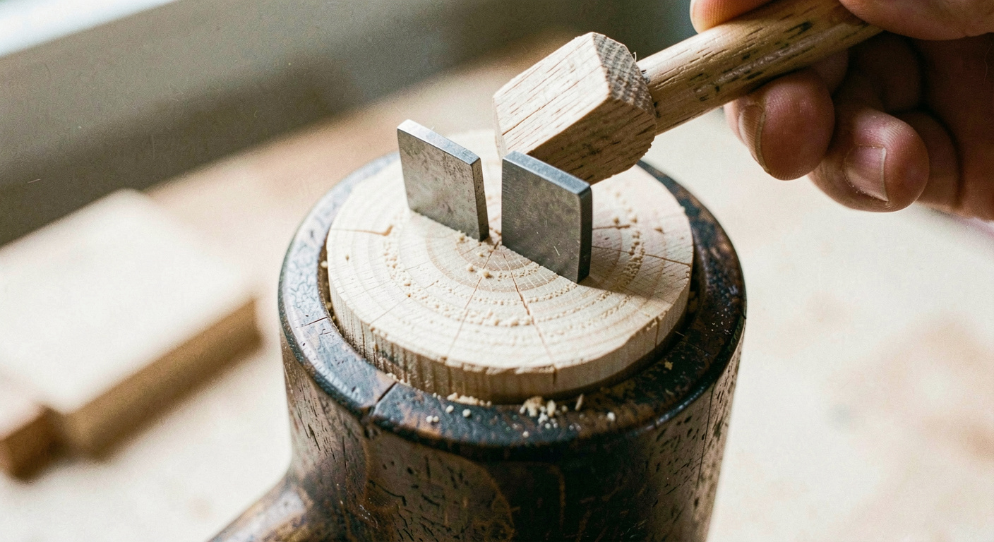 The top of a hammer eye with a wooden wedge and two small steel wedges driven home and filed flush, the pale end grain of the ash visible around them, bright task light, very close view.