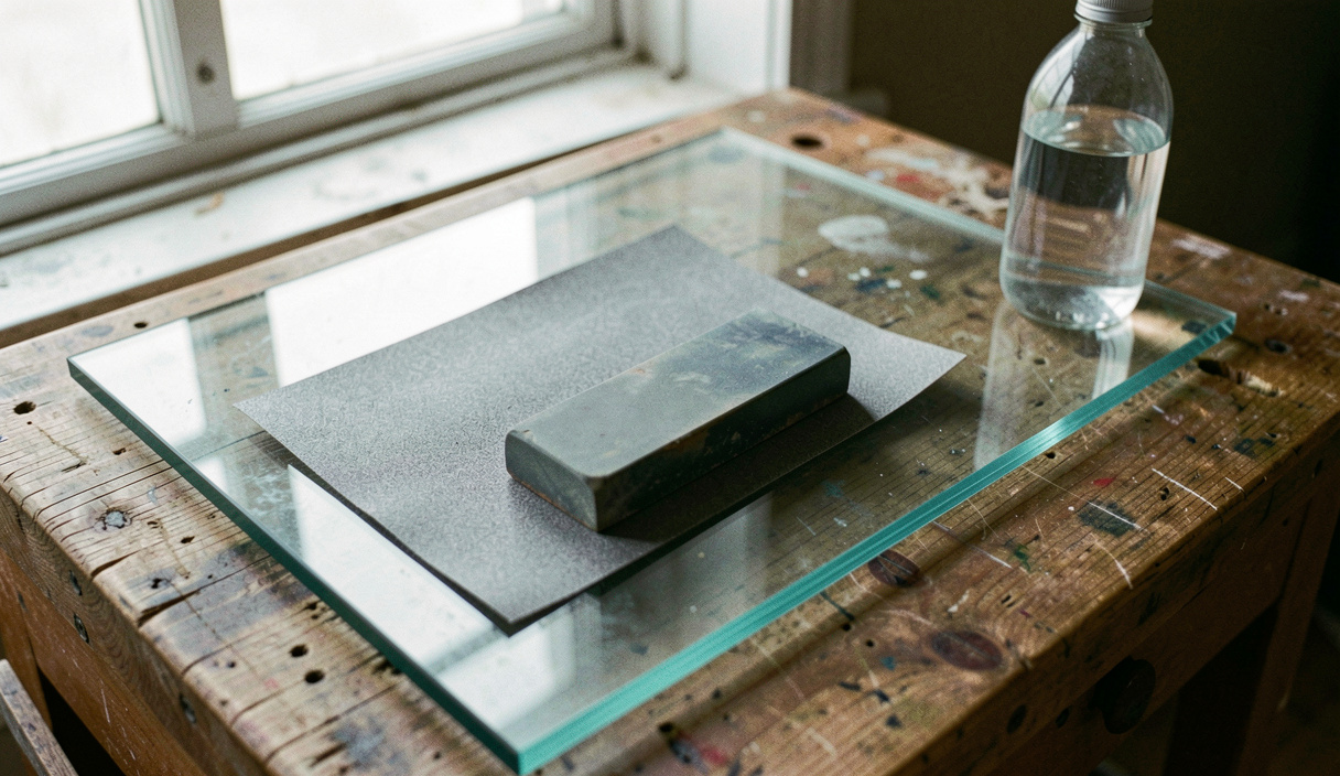 A sheet of grey wet and dry abrasive paper lying on a thick offcut of float glass on a bench, a water stone resting on it and a bottle of water beside, north light from a window, close view from above.