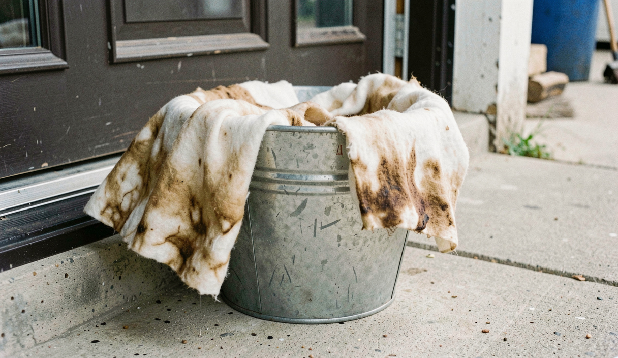 An oil soaked cotton rag opened out flat and draped over the rim of a metal bucket on a concrete step outside a workshop door, daylight, close view.