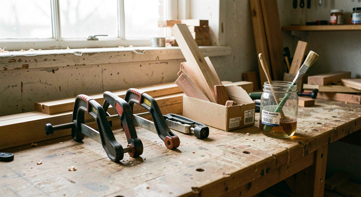 Four sash clamps, a band clamp and a box of hardwood offcuts standing against the end of a workbench with a glue brush in a jar, afternoon light through a workshop window, wide view.